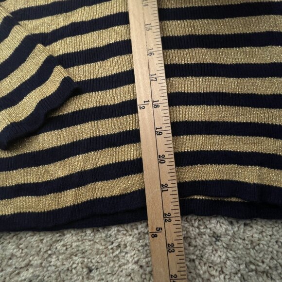 Lauren Ralph Lauren Women’s Sweater Large Navy Blue Gold Striped Shiny Pullover - Picture 3 of 12